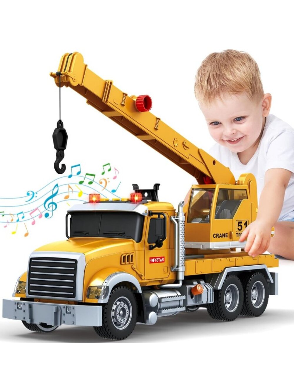 15" Crane Truck Toy for Kids 3-8, Lights & Sounds, Friction Powered Vehicle Gift